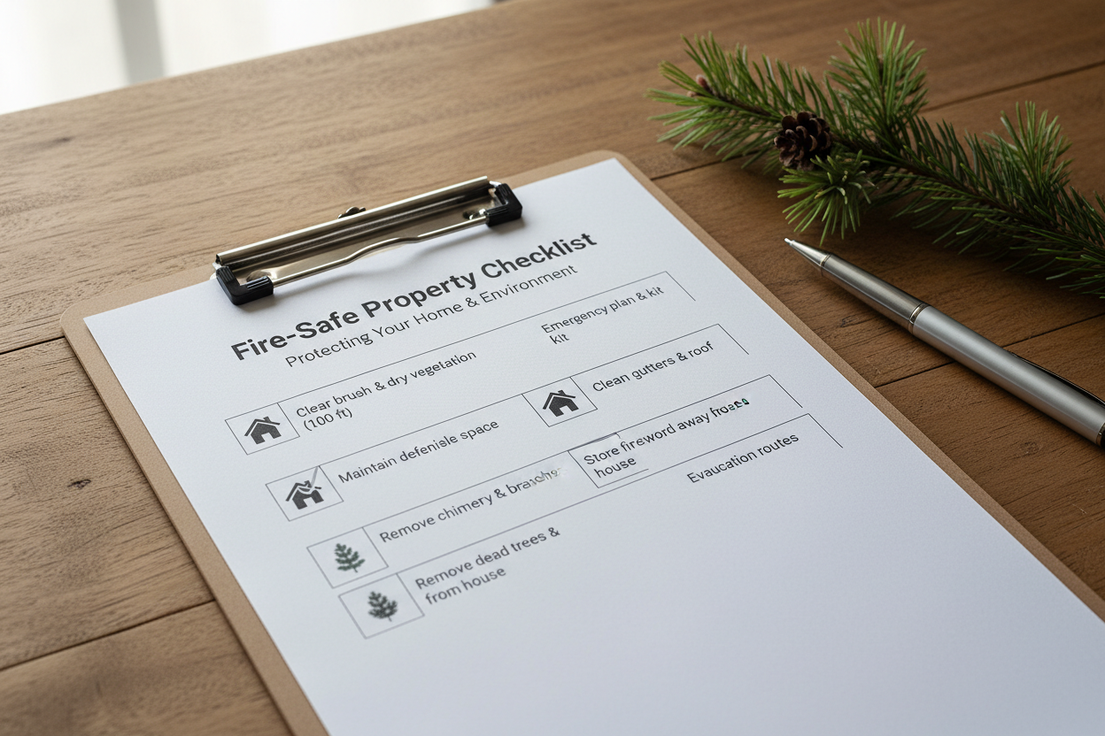 Fire-Safe Property Checklist on a clipboard with pen and pine needles