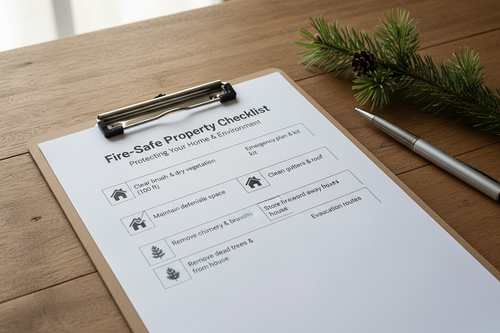 Fire-Safe Property Checklist on a clipboard with pen and pine needles