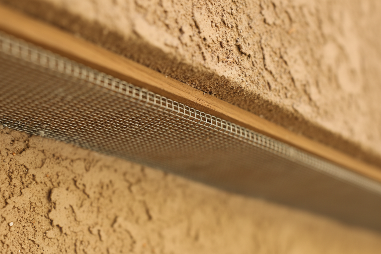 Close-up of metal ember mesh installed under eave of stucco home