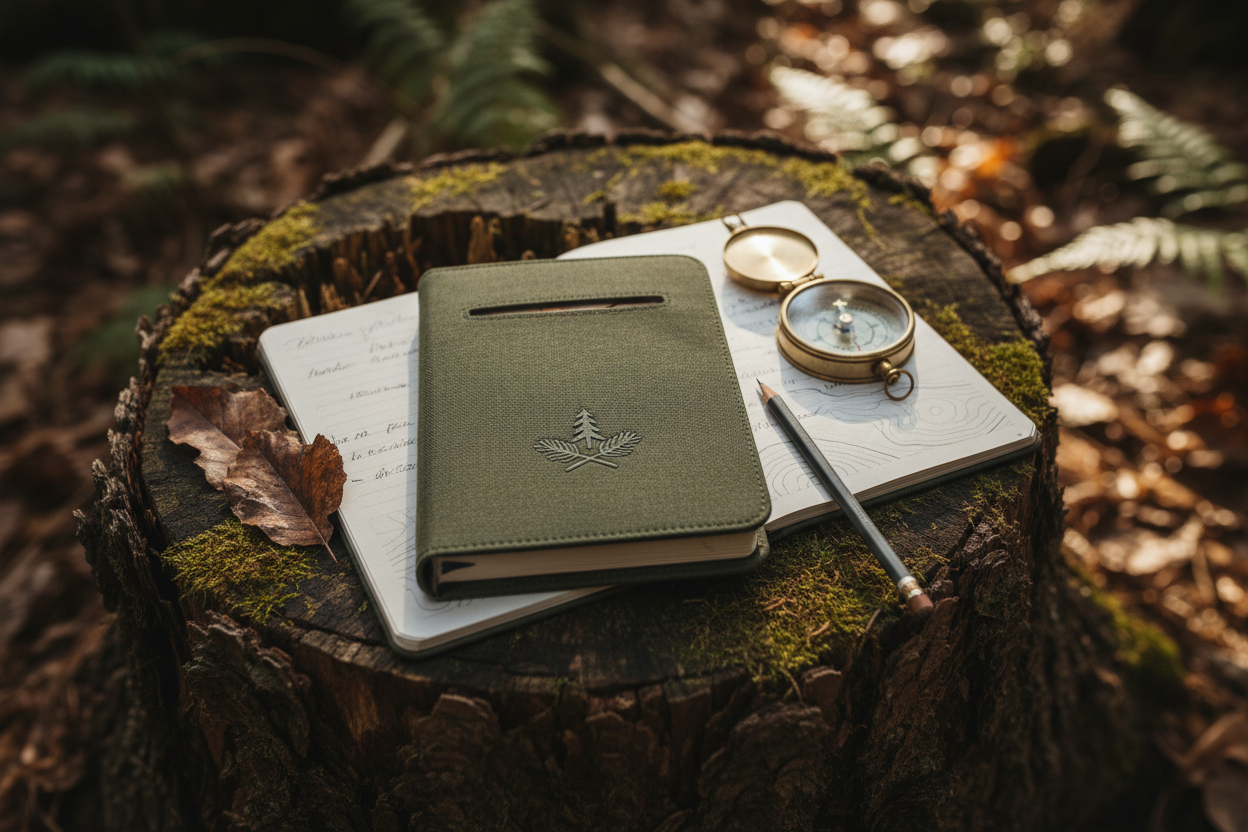 Water-resistant field notebook with dark green cover on a tree stump with pencil and compass