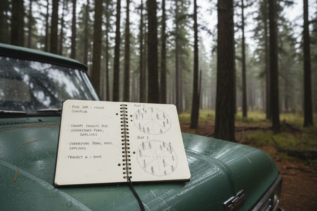 Open field notebook on truck hood with handwritten notes and pine forest background