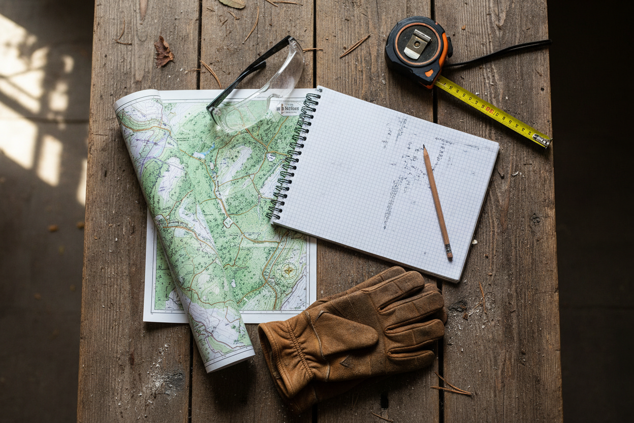 Flat lay of forestry gear including field notebook, map, measuring tape, gloves and safety glasses