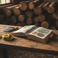 Professional forestry guide book open on a rustic wooden table with timber logs in background and measuring tape beside it