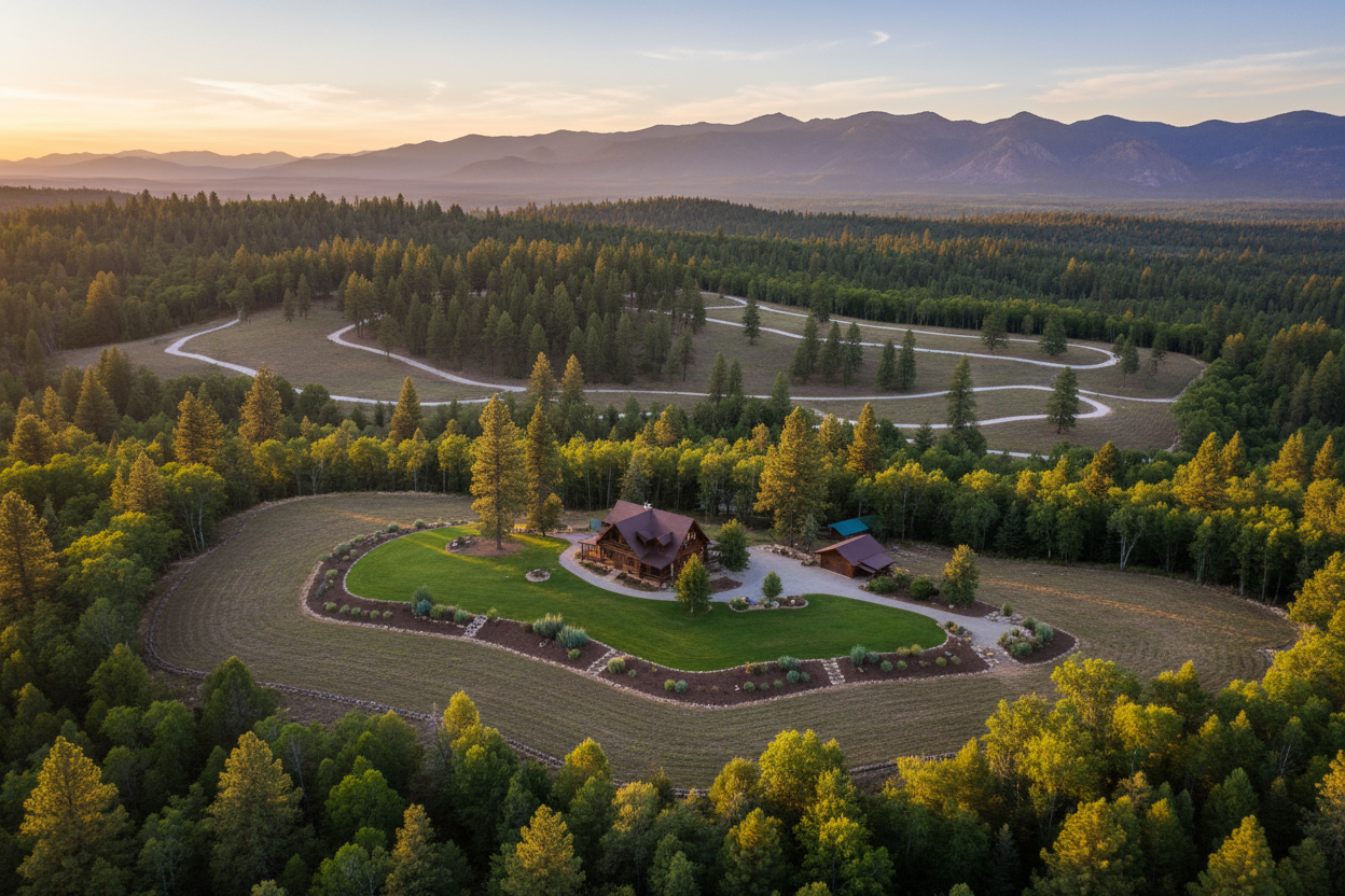 Aerial view of well-maintained defensible space around a forest property with clear fuel breaks and golden sunset over Sierra Nevada mountains