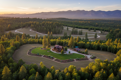 Aerial view of well-maintained defensible space around a forest property with clear fuel breaks and golden sunset over Sierra Nevada mountains