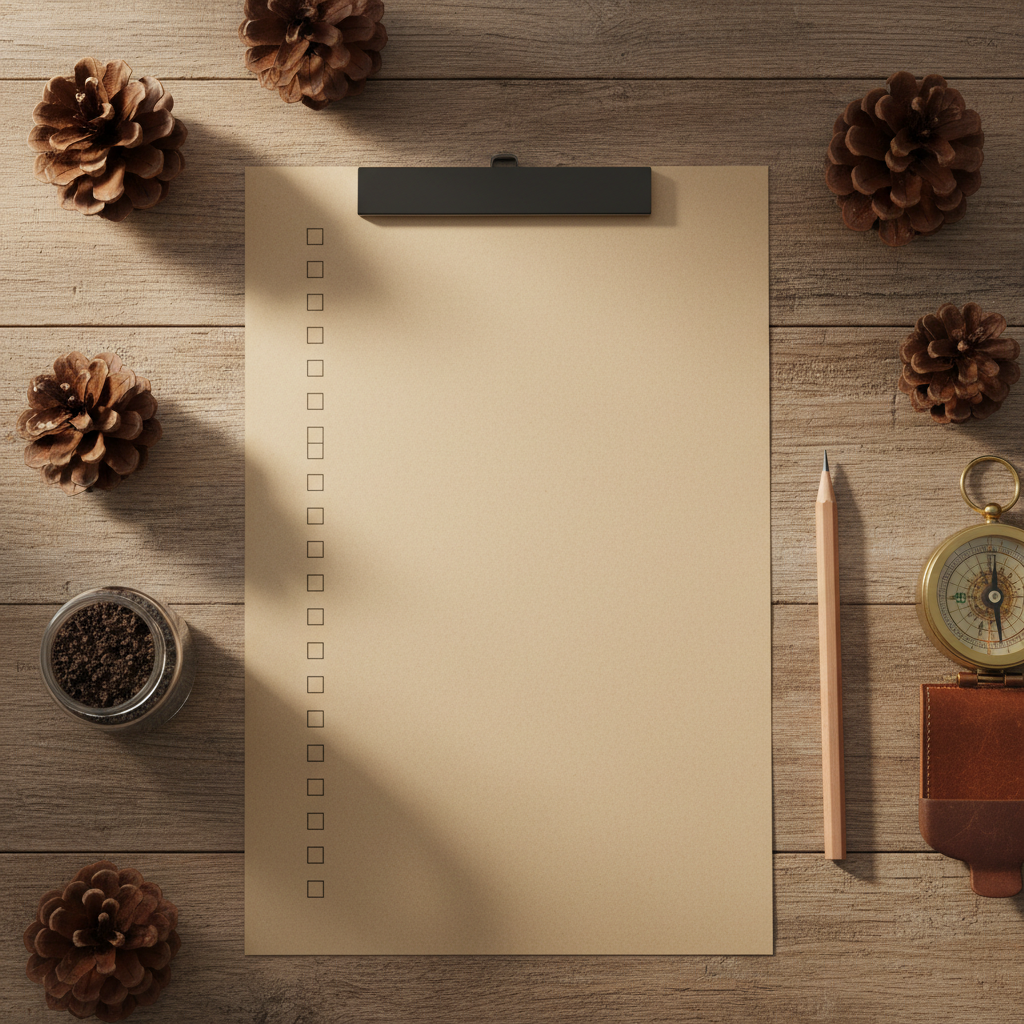 Flat lay of a professional forest health checklist on a wooden desk surrounded by pine cones, soil sample, pencil and compass