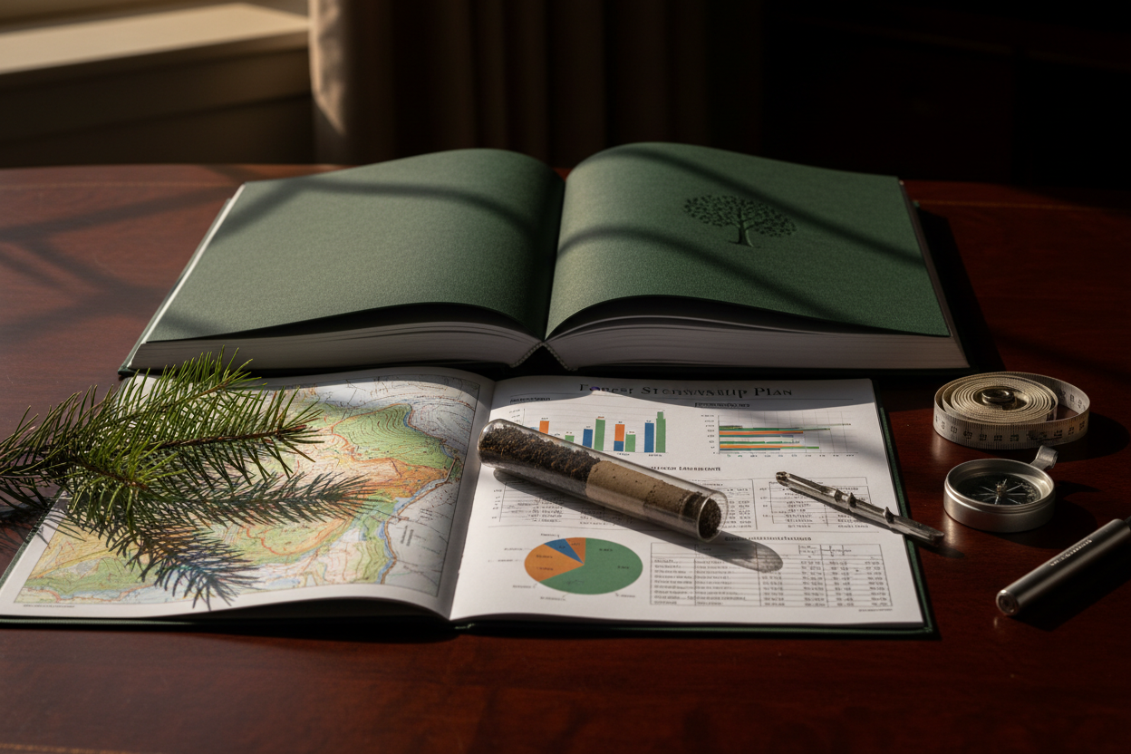 Professional bound forest stewardship plan open on a mahogany desk with detailed forest maps, pine branch, soil core sample and measuring tools
