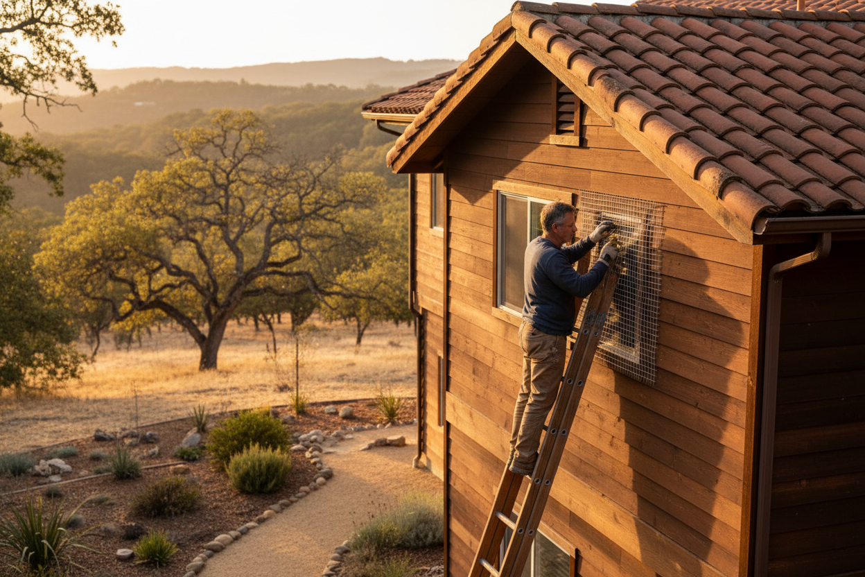 Homeowner installing ember mesh over attic vent on California home