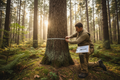 Forestry professional measuring a large pine tree trunk with diameter tape in a dense forest, clipboard with data sheets in hand
