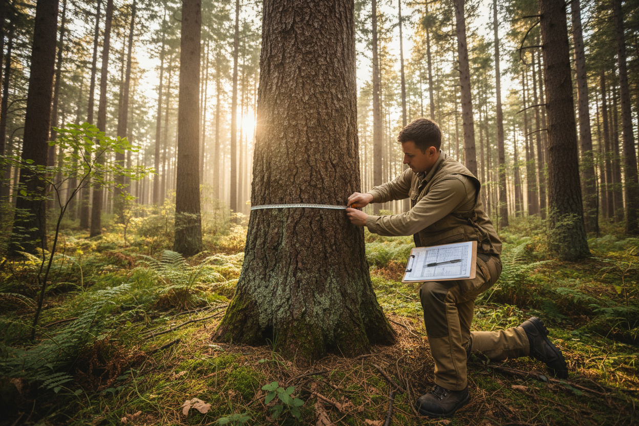 Forestry professional measuring a large pine tree trunk with diameter tape in a dense forest, clipboard with data sheets in hand