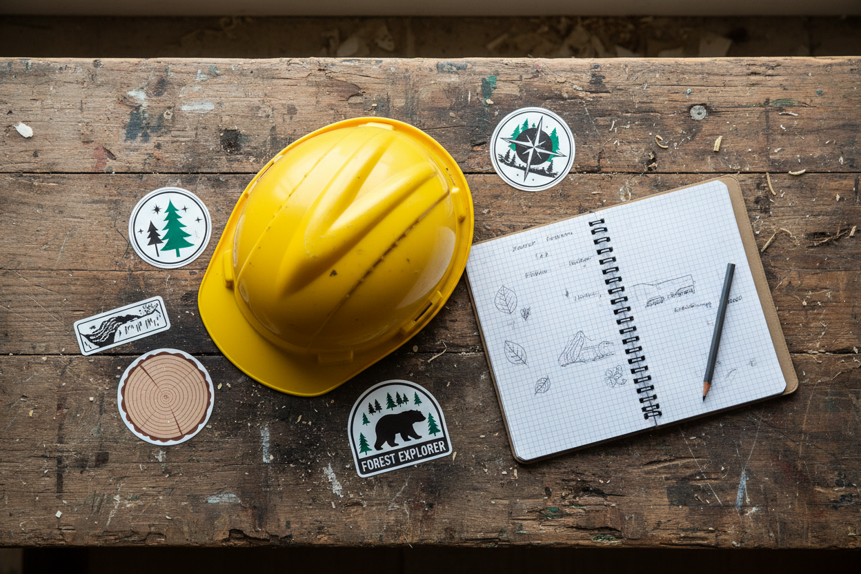 Flat lay of hard hat, field notebook, and forestry vinyl stickers on a weathered workbench