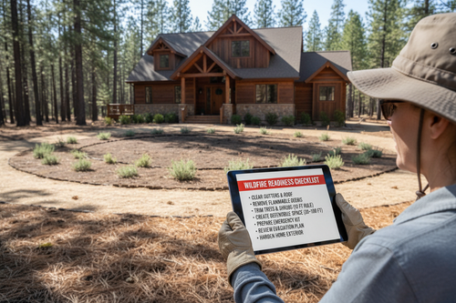 Homeowner holding tablet with wildfire readiness checklist PDF outside